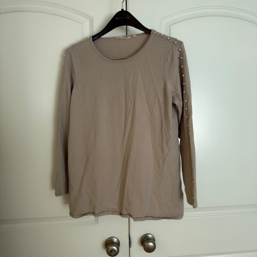 Soft Surroundings Taupe Pearl Embellished Sleeve Pullover Sweater Womens Medium